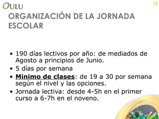 ORGANIZACIÓN DE LA JORNADA ESCOLAR 190 días lectivos por año: de mediados de Agosto a principios de Junio. 5 días por semana Minimo de clases : de 19 a 30 por semana según el nivel y las opciones. Jornada lectiva: desde 4-5h en el primer curso a 6-7h en el noveno. 