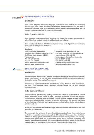 Stora Enso (India) Branch Office
                              Brief Profile
                              Stora Enso is the global rethinker of the paper, biomaterials, wood products and packaging
                              industry. Stora Enso’s sales in 2011 were EUR 11.0 billion, with an operational EBIT of EUR 866.7
                              million. The Group has some 30 000 employees in more than 35 countries worldwide, and is a
                              publicly traded company listed in Helsinki and Stockholm.

                              India Operation Details
                              Stora Enso India is the branch office of Stora Enso Oyj, Finland. The company is responsible for
                              sales of Stora Enso products in India, Nepal, Bangladesh and Sri Lanka.

                              Stora Enso Inpac Delta India Pvt. Ltd. manufactures various kinds of paper-based packaging
                              products at its factory based in Chennai.

                              Address:
                              Stora Enso (India) Branch Office                 Stora Enso Inpac Delta India Pvt. Ltd.
                              10th Floor, Block-B, Vatika Towers, Sector-54,   C-6 Sipcot Industrial Park, Irungattukottai,
                              Golf Course Road, Gurgaon-122 002,               Sriperumbudur Taluk-602 105
                              Haryana, India                                   Kancheepuram District, Tamil Nadu, India
                              Tel: +91-124-4795800                             Tel: +91-44-37170 700
                              Fax: +91-124-4795888                             Fax: +91-44-37170 799
                              E-mail: matti.naakka@storaenso.com               E-mail: matti.pajula@storaenso.com
                              Website: www.storaenso.com                       Website: www.storaenso.com


Stresstech Bharat Pvt. Ltd.
                              Stresstech Bharat Pvt. Ltd.
                              Brief Profile
                              Stresstech Group has since 1983 from the foundation of American Stress Technologies, Inc.
                              served metal industry all over the world with solutions and high-tech instruments for non-
                              destructive testing of the quality of components.

                              Stresstech Oy- Finland (Head Office & manufacturing facility), American Stress Technologies,
                              Inc. (AST) - USA, Stresstech GmbH- Germany & Stresstech Bharat Pvt. Ltd- India form the
                              Stresstech Group.

                              India Operation Details
                              Stresstech Bharat Pvt. Ltd. (SBPL) is a fully owned Indian subsidiary of Stresstech Oy Finland
                              and is authorised service centre in India. Company’s equipment are used for studying:
                              Grinding burns, Heat treat defects, hardness changes, residual stresses, retained austenite
                              contents etc. or for controlling the quality of: grinding, heat treating, shot peening, machining
                              of camshafts, crankshafts, ball bearings, gears, valves, rotors, turbine blades, cylinder blocks,
                              cylinder heads etc.

                              As per your requirement, Stresstech can supply manually operated, semi-automatic and fully
                              automatic NDT equipment.

                              The company is also serving to all types of metal industries by offering them residual stress
                              and retained austenite measurements via X-ray Diffraction and Barkhausen Noise Analysis in
                              addition to the equipment for sale. Measurements can be made on parts like ball bearings,
                              springs, valves, gears, shafts, etc. to monitor the quality of such processes as grinding, heat
                              treating, shot peening, machining and forming. Depending on your wishes and parts to be
                              measured; you can send the part to Stresstech or the company can contact you.




                                                                               FINLAND- INDIA BUSINESS GUIDE 2012-13 l 83
 