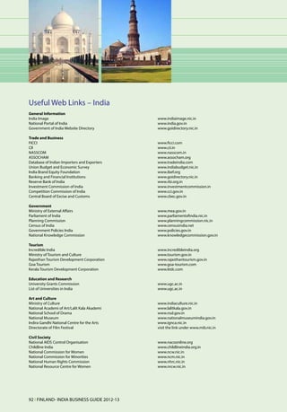Useful Web Links – India
General Information
India Image	                                   www.indiaimage.nic.in
National Portal of India 	                     www.india.gov.in
Government of India Website Directory 	        www.goidirectory.nic.in

Trade and Business
FICCI 	                                        www.ficci.com
CII 	                                          www.cii.in
NASSCOM 	                                      www.nasscom.in
ASSOCHAM 	                                     www.assocham.org
Database of Indian Importers and Exporters 	   www.tradeindia.com
Union Budget and Economic Survey 	             www.indiabudget.nic.in
India Brand Equity Foundation 	                www.ibef.org
Banking and Financial Institutions 	           www.goidirectory.nic.in
Reserve Bank of India 	                        www.rbi.org.in
Investment Commission of India 	               www.investmentcommission.in
Competition Commission of India 	              www.cci.gov.in
Central Board of Excise and Customs 	          www.cbec.gov.in

Government
Ministry of External Affairs 	                 www.mea.gov.in
Parliament of India 	                          www.parliamentofindia.nic.in
Planning Commission 	                          www.planningcommission.nic.in
Census of India 	                              www.censusindia.net
Government Policies India 	                    www.policies.gov.in
National Knowledge Commission 	                www.knowledgecommission.gov.in

Tourism
Incredible India 	                             www.incredibleindia.org
Ministry of Tourism and Culture 	              www.tourism.gov.in
Rajasthan Tourism Development Corporation 	    www.rajasthantourism.gov.in
Goa Tourism 	                                  www.goa-tourism.com
Kerala Tourism Development Corporation 	       www.ktdc.com

Education and Research
University Grants Commission 	                 www.ugc.ac.in
List of Universities in India 	                www.ugc.ac.in

Art and Culture
Ministry of Culture 	                          www.indiaculture.nic.in
National Academi of Art/Lalit Kala Akademi 	   www.lalitkala.gov.in
National School of Drama 	                     www.nsd.gov.in
National Museum 	                              www.nationalmuseumindia.gov.in
Indira Gandhi National Centre for the Arts 	   www.ignca.nic.in
Directorate of Film Festival 	                 visit the link under www.mib.nic.in

Civil Society
National AIDS Control Organisation 	           www.nacoonline.org
Childline India 	                              www.childlineindia.org.in
National Commission for Women 	                www.ncw.nic.in
National Commission for Minorities 	           www.ncm.nic.in
National Human Rights Commission 	             www.nhrc.nic.in
National Resource Centre for Women 	           www.nrcw.nic.in




92 l FINLAND- INDIA BUSINESS GUIDE 2012-13
 