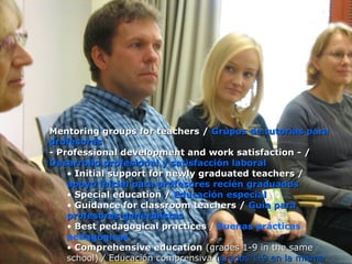 25
Mentoring groups for teachers /Mentoring groups for teachers / Grupos de tutorías paraGrupos de tutorías para
profesoresprofesores
- Professional development and work satisfaction - /- Professional development and work satisfaction - /
Desarrollo profesional y satisfacción laboralDesarrollo profesional y satisfacción laboral
• Initial support for newly graduated teachers /Initial support for newly graduated teachers /
apoyo inicial para profesores recién graduadosapoyo inicial para profesores recién graduados
• Special education /Special education / Educación especialEducación especial
• Guidance for classroom teachers /Guidance for classroom teachers / Guía paraGuía para
profesores generalistasprofesores generalistas
• Best pedagogical practicesBest pedagogical practices / Buenas prácticas
pedagógicas
• Comprehensive educationComprehensive education (grades 1-9 in the same(grades 1-9 in the same
school) / Educación comprensivaschool) / Educación comprensiva (grados 1-9 en la misma(grados 1-9 en la misma
 