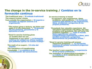 9
The change in the in-service training / Cambios en la
formación continua
The traditional way: / El método tradicional:
The expert/trainer comes
from outside the organization: / El experto o
formador es alguien externo a la
organización
”The trainer gives a lecture, we listen and
apply it in the classroom.” / ”El ponente
da una ponencia, escuchamos y la
aplicamos al aula”
”Good in-service training gives
us models that we can
implement in our work” / La formación
continua de calidad nos ofrece modelos
que podemos aplicar en nuestro trabajo”
The myth of an expert. / El mito del
experto
The metaphora of transforming
knowledge. / La metáfora de la
transformación del conocimiento
In-service training is based
on teachers’ own experiences, ideas,
problems, and questions. / La formación
continua está basada en las experiencias,
ideas, problemas y preguntas de los
propios profesores.
”Everybody has valuable experience. We
will share experiences and ideas, but also
problems and questions. We will solve the
problems together.” / ”Todo el mundo
tiene experiencias valiosas.
Compartiremos experiencias e ideas, pero
también problemas y preguntas.
Resolveremos los problemas juntos.”
”Good in-service training will answer
important questions.” / ”La formación
continua de calidad contestará preguntas
importantes”
The teacher’s own expertise. La experiencia
de los propios profesores.
The metaphor of constructing knowledge. /
La metáfora de la construcción del
conocimiento.
 