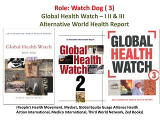 Role: Watch Dog ( 3)
Global Health Watch – I II & III
Alternative World Health Report
(People’s Health Movement, Medact, Global Equity Guage Alliance Health
Action International, Medico International, Third World Network, Zed Books)
 