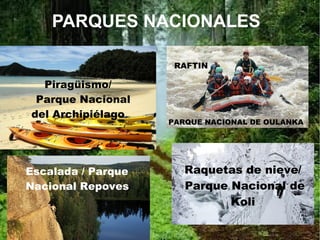 PARQUES NACIONALES
Piragüismo/
Parque Nacional
del Archipiélago
Raquetas de nieve/
Parque Nacional de
Koli
Escalada / Parque
Nacional Repoves
RAFTIN
PARQUE NACIONAL DE OULANKA
 
