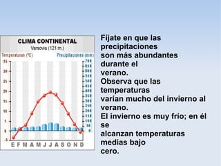 Fíjate en que las
precipitaciones
son más abundantes
durante el
verano.
Observa que las
temperaturas
varían mucho del invierno al
verano.
El invierno es muy frío; en él
se
alcanzan temperaturas
medias bajo
cero.
 