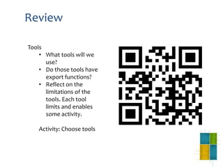 Review
Tools
• What tools will we
use?
• Do those tools have
export functions?
• Reflect on the
limitations of the
tools. Each tool
limits and enables
some activity.
Activity: Choose tools
 