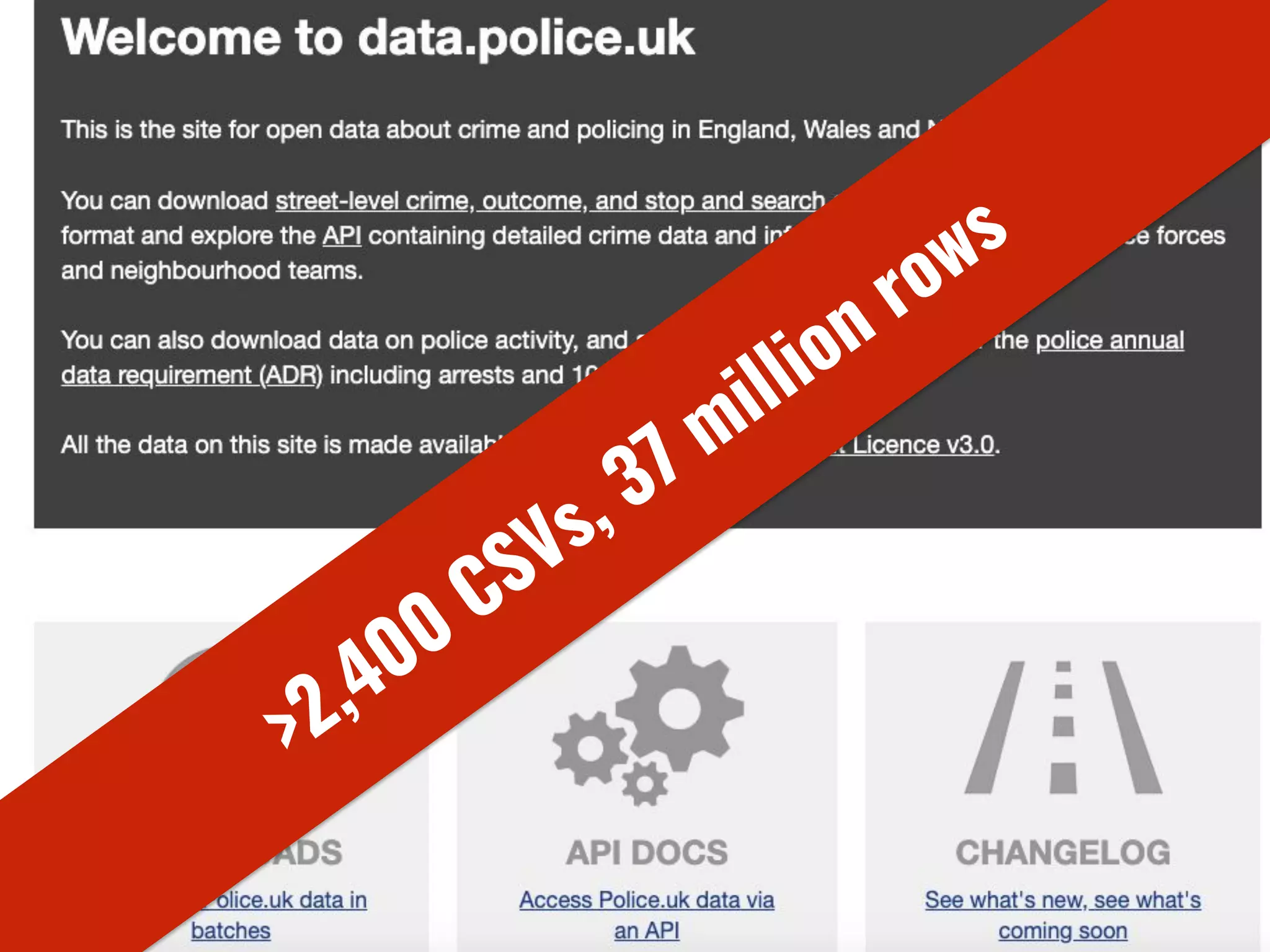 DATA.POLICE.U
K >2,400 CSVs, 37 million rows
 