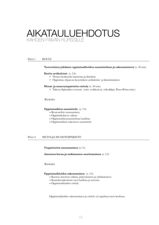 AIKATAULUEHDOTUS
KAHDEN PÄIVÄN KURSSILLE
Päivä 1

KOULU
Teoreettinen johdanto oppimisaihioiden suunnitteluun ja rakentamiseen (n. 30 min)
Ilmiön artikulointi (n. 2 h)
• Yleinen keskustelu haasteista ja ilmiöistä
• Oppimista ohjaavan kysymyksen artikulointi ja kiinnittäminen
Metsä- ja museoympäristön esittely (n. 30 min)
• Tukena digitaaliset resurssit (esim. verkkosivut, videoklipit, PowerPoint-esitys)

(Ruokailu)
Oppimisaihion suunnittelu (n. 3 h)
• Resursseihin tutustuminen
• Oppimiskohteen valinta
• Oppimisaihiosuunnitelman laadinta
• Oppimisaihion rakenteen suunnittelu

Päivä 2

METSÄ-JA MUSEOYMPÄRISTÖ

Ympäristöön tutustuminen (n.1 h)
Aineiston keruu ja tutkimusten suorittaminen (n. 2 h)

(Ruokailu)
Oppimisaihioiden rakentaminen (n. 4 h)
• Kootun aineiston valinta, järjestäminen ja yhdistäminen
• Kontekstualisoinnin tuen laadinta ja toteutus
• Oppimisaihioiden esittely

Oppimisaihioiden rakentaminen ja esittely voi tapahtua myös koulussa.

16

 