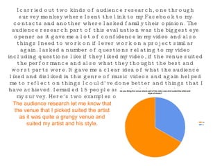 I carried out two kinds of audience research, one through survey monkey where I sent the link to my Facebook to my contacts and another where I asked family their opinion. The audience research part of this evaluation was the biggest eye opener as it gave me a lot of confidence in my video and also things I need to work on if I ever work on a project similar again. I asked a number of questions relating to my video including questions like if they liked my video, if the venue suited the performance and also what they thought the best and worst parts were. It gave me a clear idea of what the audience liked and disliked in this genre of music videos and again helped me to reflect on things I could’ve done better and things that I have achieved. I emailed 15 people and asked them to take part in my survey. Here’s two examples of some questions I asked… The audience research let me know that the venue that I picked suited the artist as it was quite a grungy venue and suited my artist and his style. 