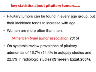 • Pituitary tumors can be found in every age group, but
their incidence tends to increase with age
• Women are more often ...