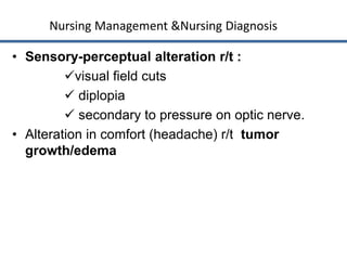 • Sensory-perceptual alteration r/t :
visual field cuts
 diplopia
 secondary to pressure on optic nerve.
• Alteration i...