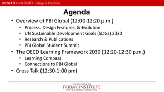 Agenda
• Overview of PBI Global (12:00-12:20 p.m.)
• Process, Design Features, & Evolution
• UN Sustainable Development Goals (SDGs) 2030
• Research & Publications
• PBI Global Student Summit
• The OECD Learning Framework 2030 (12:20-12:30 p.m.)
• Learning Compass
• Connections to PBI Global
• Cross Talk (12:30-1:00 pm)
 