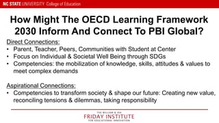 How Might The OECD Learning Framework
2030 Inform And Connect To PBI Global?
Direct Connections:
• Parent, Teacher, Peers, Communities with Student at Center
• Focus on Individual & Societal Well Being through SDGs
• Competencies: the mobilization of knowledge, skills, attitudes & values to
meet complex demands
Aspirational Connections:
• Competencies to transform society & shape our future: Creating new value,
reconciling tensions & dilemmas, taking responsibility
 
