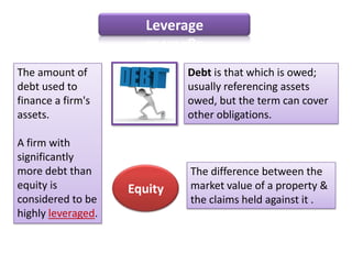Leverage<br />The amount of debt used to finance a firm&apos;s assets. <br />A firm with significantly more debt than equi...