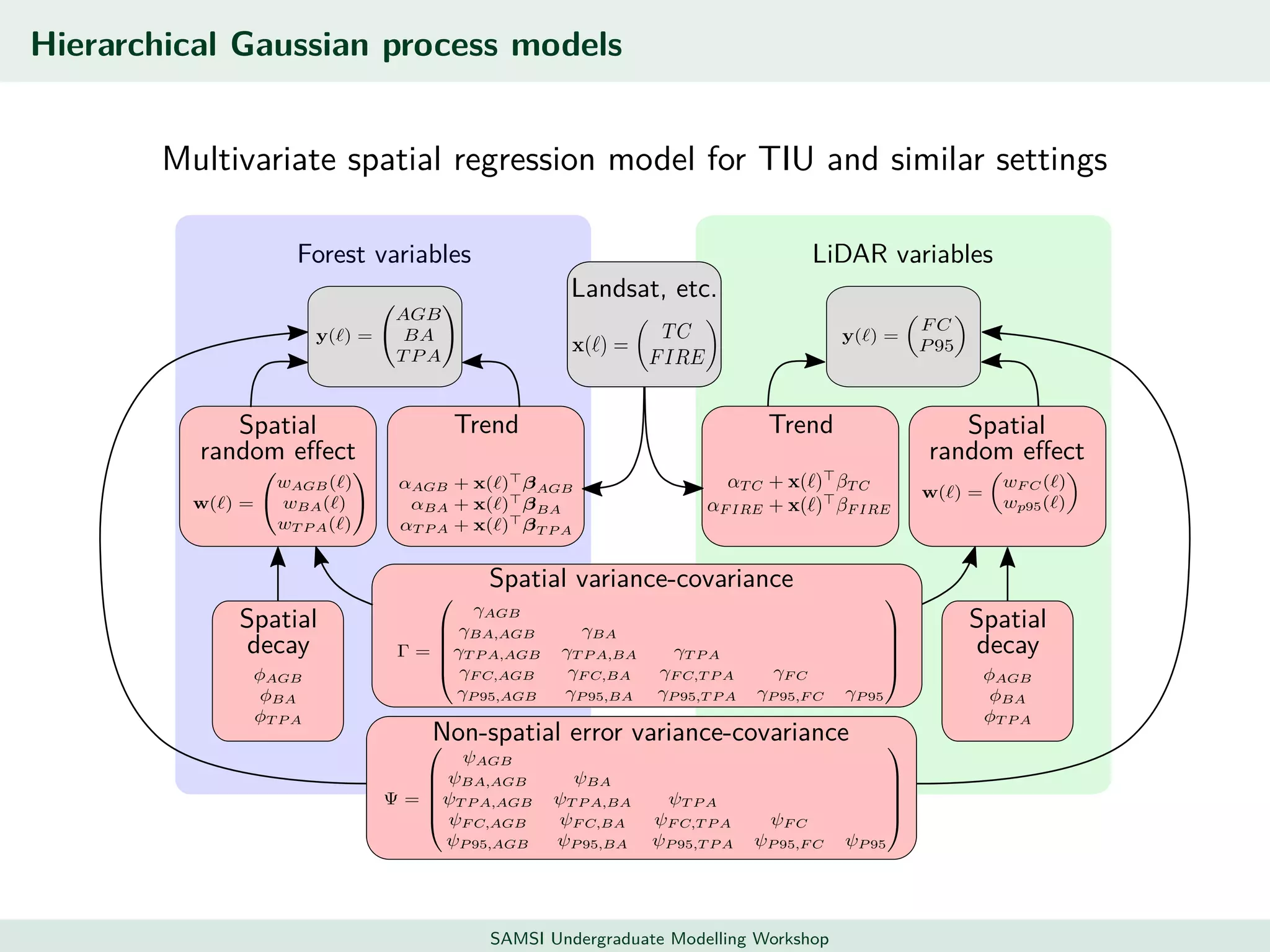 Hierarchical Gaussian process models
Multivariate spatial regression model for TIU and similar settings
Forest variables
Spatial
random eﬀect
Trend
Spatial
decay
LiDAR variables
Trend Spatial
random eﬀect
Spatial
decay
Landsat, etc.
Non-spatial error variance-covariance
Spatial variance-covariance
SAMSI Undergraduate Modelling Workshop
 