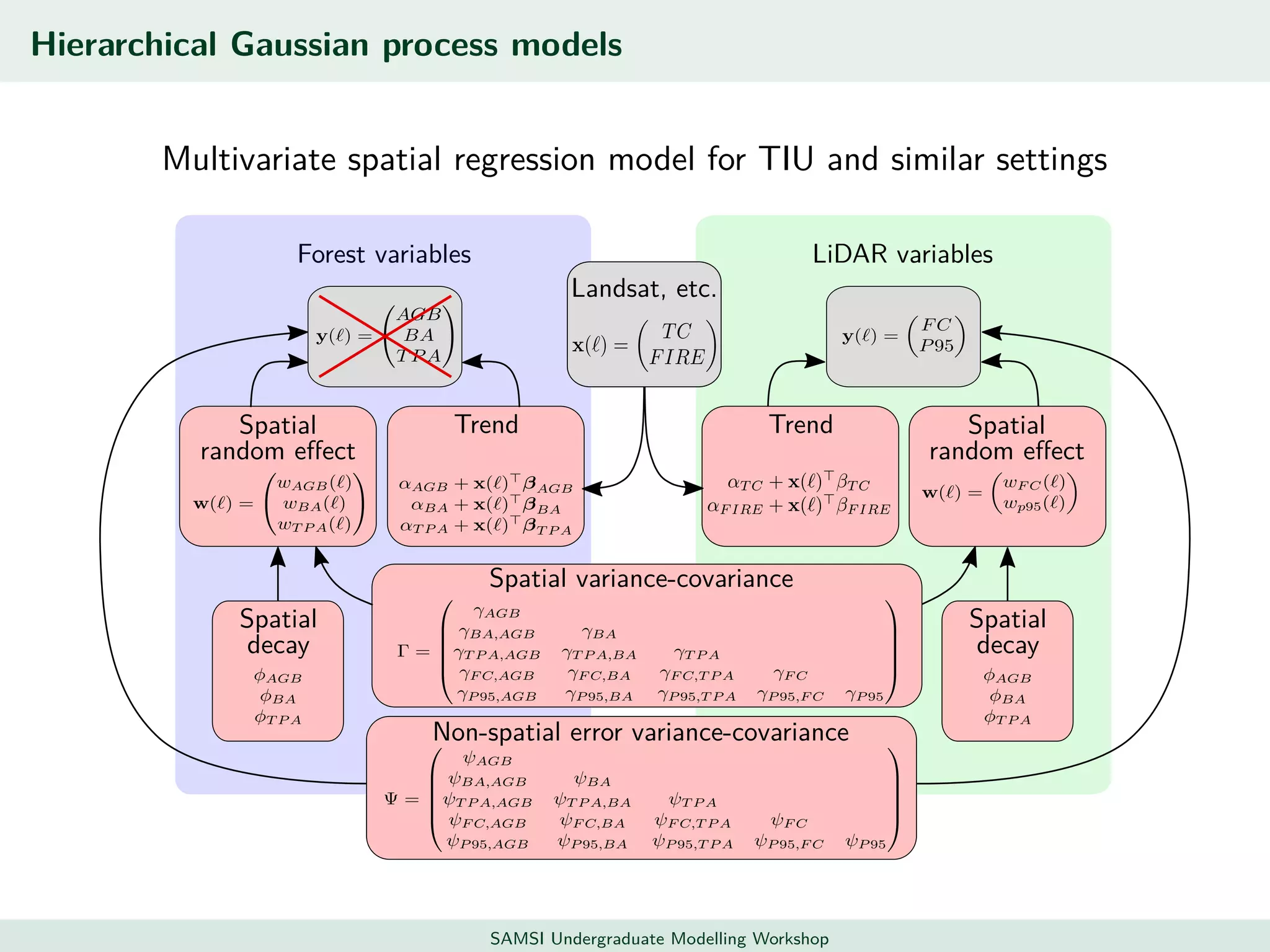 Hierarchical Gaussian process models
Multivariate spatial regression model for TIU and similar settings
Forest variables
Spatial
random eﬀect
Trend
Spatial
decay
LiDAR variables
Trend Spatial
random eﬀect
Spatial
decay
Landsat, etc.
Non-spatial error variance-covariance
Spatial variance-covariance
SAMSI Undergraduate Modelling Workshop
 
