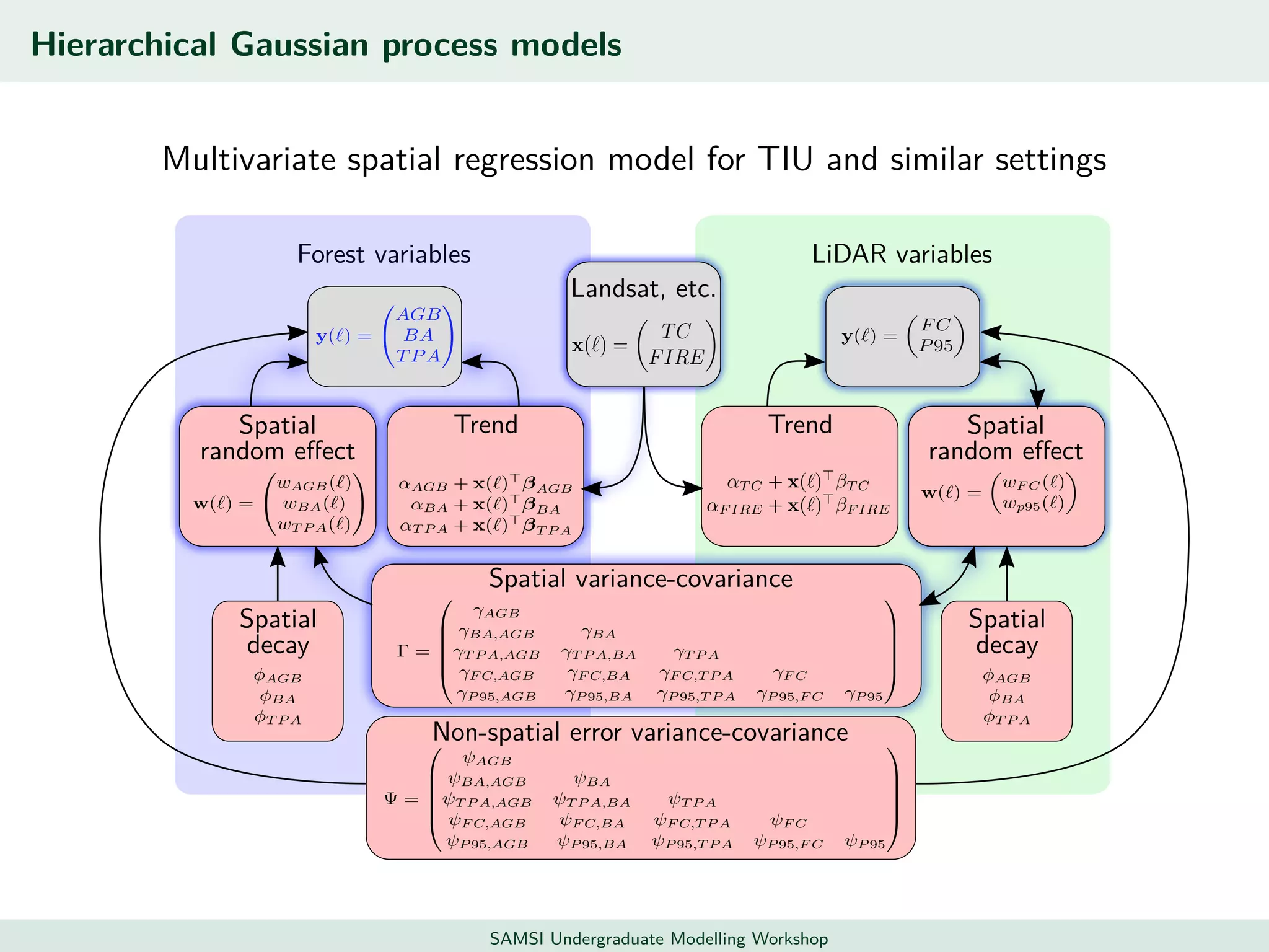 Hierarchical Gaussian process models
Multivariate spatial regression model for TIU and similar settings
Forest variables
Spatial
random eﬀect
Trend
Spatial
decay
LiDAR variables
Trend Spatial
random eﬀect
Spatial
decay
Landsat, etc.
Non-spatial error variance-covariance
Spatial variance-covariance
SAMSI Undergraduate Modelling Workshop
 