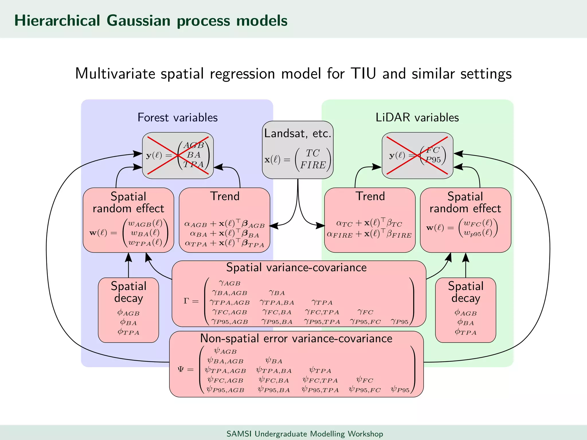 Hierarchical Gaussian process models
Multivariate spatial regression model for TIU and similar settings
Forest variables
Spatial
random eﬀect
Trend
Spatial
decay
LiDAR variables
Trend Spatial
random eﬀect
Spatial
decay
Landsat, etc.
Non-spatial error variance-covariance
Spatial variance-covariance
SAMSI Undergraduate Modelling Workshop
 