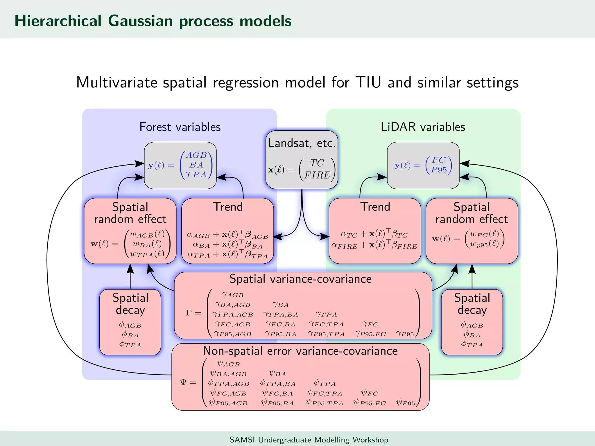 Hierarchical Gaussian process models
Multivariate spatial regression model for TIU and similar settings
Forest variables
Spatial
random eﬀect
Trend
Spatial
decay
LiDAR variables
Trend Spatial
random eﬀect
Spatial
decay
Landsat, etc.
Non-spatial error variance-covariance
Spatial variance-covariance
SAMSI Undergraduate Modelling Workshop
 