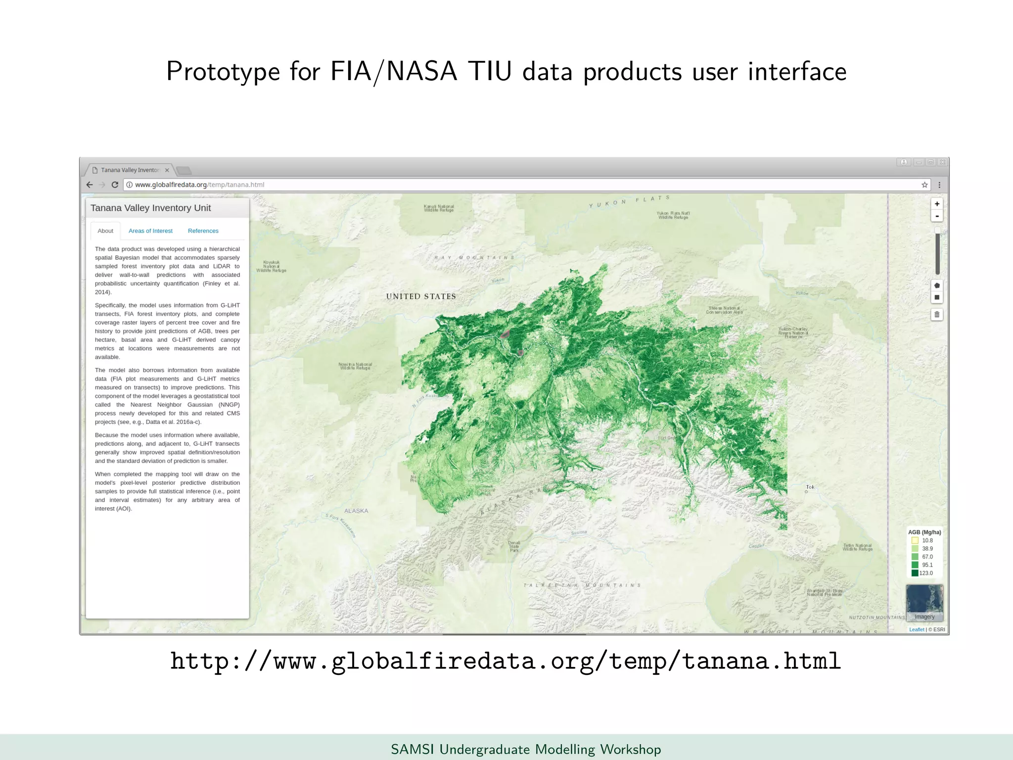Prototype for FIA/NASA TIU data products user interface
http://www.globalfiredata.org/temp/tanana.html
SAMSI Undergraduate Modelling Workshop
 