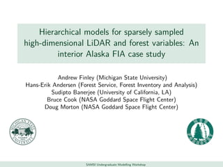 Hierarchical models for sparsely sampled
high-dimensional LiDAR and forest variables: An
interior Alaska FIA case study
Andrew Finley (Michigan State University)
Hans-Erik Andersen (Forest Service, Forest Inventory and Analysis)
Sudipto Banerjee (University of California, LA)
Bruce Cook (NASA Goddard Space Flight Center)
Doug Morton (NASA Goddard Space Flight Center)
SAMSI Undergraduate Modelling Workshop
 