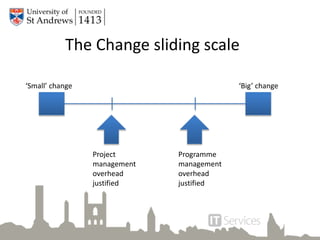The Change sliding scale
Project
management
overhead
justified
‘Small’ change ‘Big’ change
Programme
management
overhead
justified
 