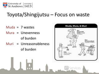 Toyota/Shingijutsu – Focus on waste
Muda = 7 wastes
Mura = Unevenness
of burden
Muri = Unreasonableness
of burden
 