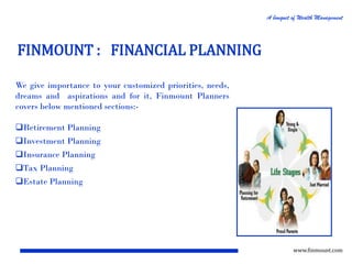 A bouquet of Wealth Management

FINMOUNT : FINANCIAL PLANNING
We give importance to your customized priorities, needs,
dreams and aspirations and for it, Finmount Planners
covers below mentioned sections:Retirement Planning
Investment Planning

Insurance Planning
Tax Planning
Estate Planning

www.finmount.com

 