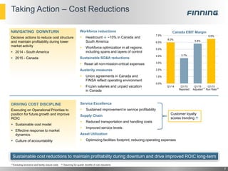 Taking Action – Cost Reductions
7
Workforce reductions
 Headcount  ~10% in Canada and
South America
 Workforce optimization in all regions,
including spans and layers of control
Sustainable SG&A reductions
 Reset all non-mission-critical expenses
Austerity measures
 Union agreements in Canada and
FINSA reflect operating environment
 Frozen salaries and unpaid vacation
in Canada
NAVIGATING DOWNTURN
Decisive actions to reduce cost structure
and maintain profitability during lower
market activity
 2014 - South America
 2015 - Canada
Service Excellence
 Sustained improvement in service profitability
Supply Chain
 Reduced transportation and handling costs
 Improved service levels
Asset Utilization
 Optimizing facilities footprint, reducing operating expenses
DRIVING COST DISCIPLINE
Executing on Operational Priorities to
position for future growth and improve
ROIC
 Sustainable cost model
 Effective response to market
dynamics
 Culture of accountability
Customer loyalty
scores trending 
Sustainable cost reductions to maintain profitability during downturn and drive improved ROIC long-term
6.0%
3.7%
5.8%
6.5%
0.0%
1.0%
2.0%
3.0%
4.0%
5.0%
6.0%
7.0%
Q1/14 Q1/15
Reported
Q1/15
Adjusted
Q1/15
Run Rate
Canada EBIT Margin
(1) Excluding severance and facility closure costs (2) Assuming full quarter benefits of cost reductions
(1) (2)
 