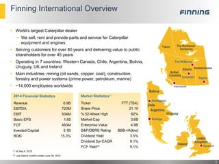 Finning International Overview
 World’s largest Caterpillar dealer
 We sell, rent and provide parts and service for Caterpillar
equipment and engines
 Serving customers for over 80 years and delivering value to public
shareholders for over 45 years
 Operating in 7 countries: Western Canada, Chile, Argentina, Bolivia,
Uruguay, UK and Ireland
 Main industries: mining (oil sands, copper, coal), construction,
forestry and power systems (prime power, petroleum, marine)
 ~14,000 employees worldwide
3
Santiago
Antofagasta
Bolivia
Argentina
Chile
Uruguay
Cannock
United
Kingdom
Ireland
(1) At Sep 4, 2015
(2) Last twelve months ended June 30, 2015
Vancouver
Edmonton
Fort McMurray
British
Columbia
Yukon
Alberta
The Northwest
Territories
Regina
Saskatchewan
2014 Financial Statistics
Revenue 6.9B
EBITDA 720M
EBIT 504M
Basic EPS 1.85
FCF 483M
Invested Capital 3.1B
ROIC 15.3%
Market Statistics(1)
Ticker FTT (TSX)
Share Price 21.10
% 52-Week High 62%
Market Cap 3.6B
Enterprise Value 4.9B
S&P/DBRS Rating BBB+/A(low)
Dividend Yield 3.5%
Dividend 5yr CAGR 9.1%
FCF Yield(2)
9.1%
 