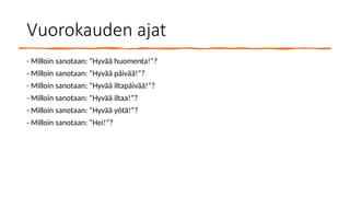 Vuorokauden ajat
- Milloin sanotaan: “Hyvää huomenta!”?
- Milloin sanotaan: “Hyvää päivää!”?
- Milloin sanotaan: “Hyvää iltapäivää!”?
- Milloin sanotaan: “Hyvää iltaa!”?
- Milloin sanotaan: “Hyvää yötä!”?
- Milloin sanotaan: “Hei!”?
 