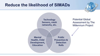 Reduce the likelihood of SIMADs
Technology
Sensors, mesh
networks, etc.
Public
Prevention &
Detection
Rolls
Mental
Health, Child
Development,
Education
Potential Global
Assessment by The
Millennium Project
 