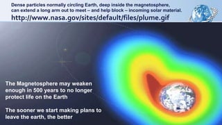 Dense particles normally circling Earth, deep inside the magnetosphere,
can extend a long arm out to meet – and help block – incoming solar material.
http://www.nasa.gov/sites/default/files/plume.gif
The Magnetosphere may weaken
enough in 500 years to no longer
protect life on the Earth
The sooner we start making plans to
leave the earth, the better
 