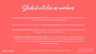 Finnish Magazine Media Association – Customer Magazine Survey 2022
Studied articles as numbers
In total, 58% of the studie...