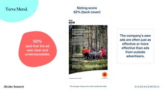 Terve Metsä Noting score
62% (back cover)
37%
rated the ad as the
best
50%
said that the ad
was clear and
understandable.
...