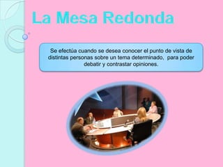  La Mesa RedondaSe efectúa cuando se desea conocer el punto de vista de distintas personas sobre un tema determinado,  para poder debatir y contrastar opiniones.