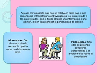 Acto de comunicación oral que se establece entre dos o mas personas (el entrevistador o entrevistadores y el entrevistado o los entrevistados) con el fin de obtener una información o una opinión, o bien para conocer la personalidad de alguien.Informativas: Con ellas se pretende conocer la opinión sobre un determinado tema. - Psicológicas: Con ellas se pretende conocer la personalidad o el ambiente que rodea al entrevistado.