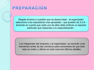 PREPARACIÓNElegido el tema o cuestión que se desea tratar , el organizador selecciona a los expositores mas apropiado - que pueden de 3 a 6 - teniendo en cuenta que cada uno de ellos debe enfocar un aspecto particular que responda a su especialización . Los integrantes del simposio y el organizador, se reunirán unos momentos antes de dar comienzo para cerciorarse de que todo esta en orden y ultimar en todo coso los últimos detalles.