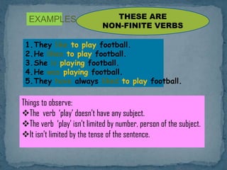 EXAMPLES
1.They like to play football.
2.He likes to play football.
3.She is playing football.
4.He was playing football.
5.They have always liked to play football.
Things to observe:
The verb ‘play’ doesn’t have any subject.
The verb ‘play’ isn’t limited by number, person of the subject.
It isn’t limited by the tense of the sentence.
THESE ARE
NON-FINITE VERBS
 