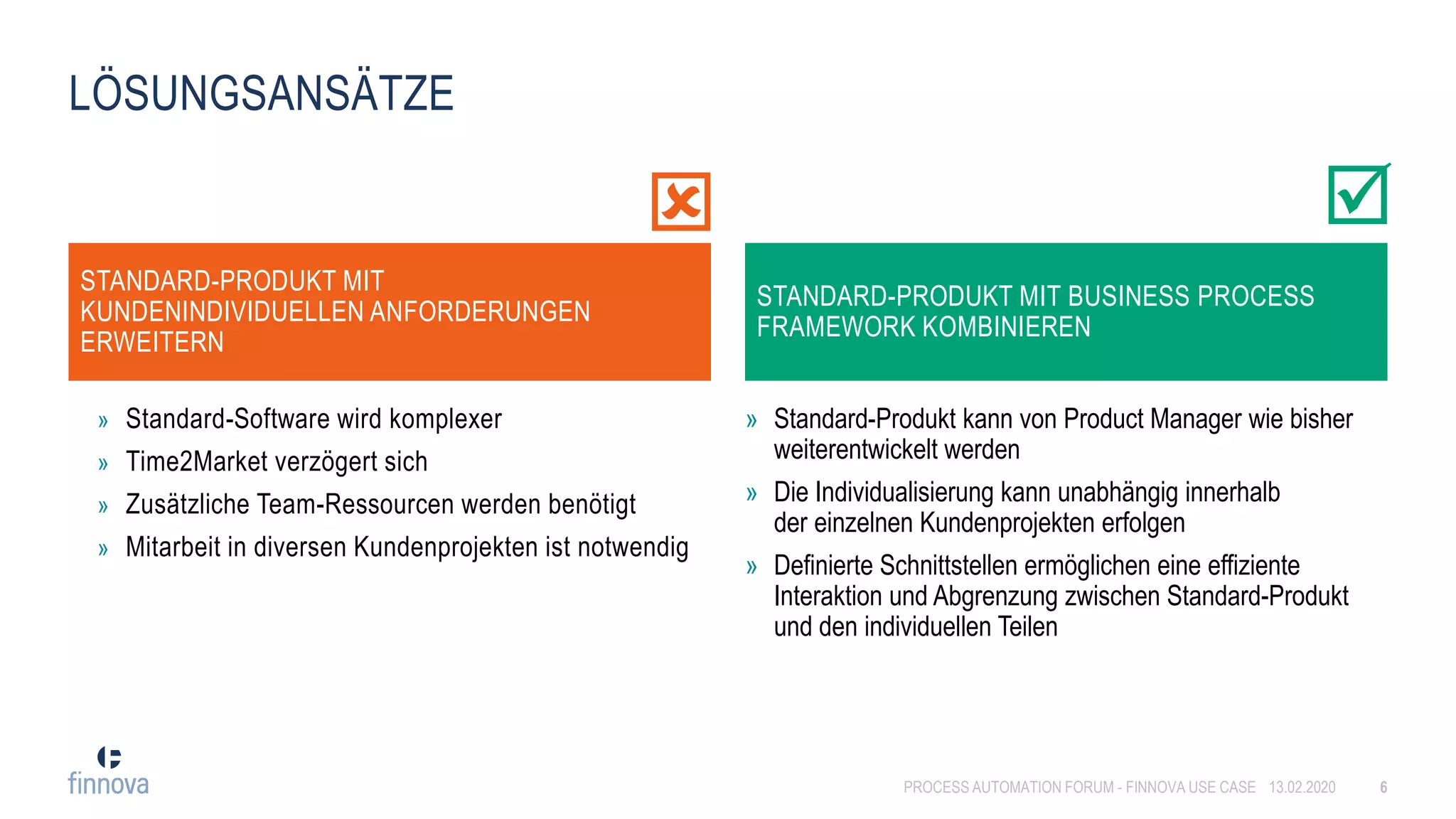 » Standard-Software wird komplexer
» Time2Market verzögert sich
» Zusätzliche Team-Ressourcen werden benötigt
» Mitarbeit in diversen Kundenprojekten ist notwendig
LÖSUNGSANSÄTZE
13.02.2020PROCESS AUTOMATION FORUM - FINNOVA USE CASE 6
STANDARD-PRODUKT MIT
KUNDENINDIVIDUELLEN ANFORDERUNGEN
ERWEITERN
» Standard-Produkt kann von Product Manager wie bisher
weiterentwickelt werden
» Die Individualisierung kann unabhängig innerhalb
der einzelnen Kundenprojekten erfolgen
» Definierte Schnittstellen ermöglichen eine effiziente
Interaktion und Abgrenzung zwischen Standard-Produkt
und den individuellen Teilen
STANDARD-PRODUKT MIT BUSINESS PROCESS
FRAMEWORK KOMBINIEREN

 