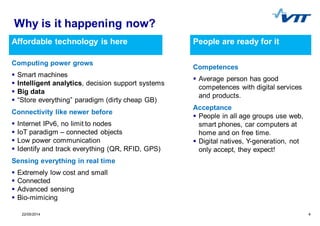 422/05/2014 4
Affordable technology is here
Why is it happening now?
Computing power grows
Smart machines
Intelligent analytics, decision support systems
Big data
“Store everything” paradigm (dirty cheap GB)
Connectivity like newer before
Internet IPv6, no limit to nodes
IoT paradigm – connected objects
Low power communication
Identify and track everything (QR, RFID, GPS)
Sensing everything in real time
Extremely low cost and small
Connected
Advanced sensing
Bio-mimicing
People are ready for it
Competences
Average person has good
competences with digital services
and products.
Acceptance
People in all age groups use web,
smart phones, car computers at
home and on free time.
Digital natives, Y-generation, not
only accept, they expect!
 