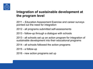 Integration of sustainable development at
the program level
2011 – Education Assessment Exercise and career surveys
pointed out the need for integration
2012 - all programs submitted self-assessments
2013 - follow-up through a dialogue with schools
2013 - all schools set up an action program for integration of
sustainable development into their educational programs
2014 - all schools followed the action programs
2015 - a follow-up
2016 - new action programs set up
 