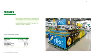 54 | REPORTE DE SOSTENIBILIDAD - AÑO FISCAL 2009 / 2010 
REPORTE DE SOSTENIBILIDAD - AÑO FISCAL 2009 / 2010 | 55 
CLIENTES 
Damos prioridad al servicio a nuestros clientes: estamos 
en frecuente contacto con ellos, les ofrecemos productos 
y servicios de alta calidad, les proponemos innovadoras 
soluciones de negocios, cumplimos con todos nuestros 
compromisos y les proporcionamos la información que 
necesitan con rapidez y efectividad. 
Producto Marcas 
Aceites comestibles 
Mantecas 
Margarinas 
Jabones para lavar 
Conservas de pescado 
Aceite crudo de soya desgomado 
Aceite crudo de girasol 
Harina de soya Hi Pro Granulada 
Harina de girasol Proteína 49% 
Harina Integral de soya (Full Fat) 
“Fino”, “Fino Light” y “La Patrona” 
“Karina” y “Gordito” 
“Regia”, “Regia Light” y “Primor” 
“Uno” y “Oso” 
Marca “Fino” 
Marca “Fino” 
Marca “Fino” 
Marca “Fino” 
Marca “Fino” 
Marca “Fino” 
Productos y marcas de Industrias de Aceite S.A. 
 