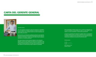 CARTA DEL GERENTE GENERAL 
4 | REPORTE DE SOSTENIBILIDAD - AÑO FISCAL 2009 / 2010 
REPORTE DE SOSTENIBILIDAD - AÑO FISCAL 2009 / 2010 | 5 
Estimados lectores, 
Con mucha satisfacción presentamos nuestro tercer Reporte de Sostenibilidad, 
en el que detallamos los resultados alcanzados por Industrias de Aceite S.A. en 
materia económica, social y ambiental, durante el año fiscal comprendido entre 
julio de 2009 y junio de 2010. 
Este documento, que continuaremos publicando anualmente, ha sido elaborado 
utilizando los indicadores internacionales del Global Reporting Initiative (GRI), con 
el propósito de hacer llegar a nuestros grupos de interés una gran cantidad de 
información en un formato de fácil lectura. 
Para nuestra empresa es de vital importancia trabajar con miras al desarrollo 
sostenible, no sólo de nuestro negocio sino también de las comunidades en que 
estamos presentes, de los grupos de interés con quienes nos relacionamos y muy 
en especial, del medio ambiente que nos rodea. Somos conscientes de que todos 
estos aspectos son fundamentales para lograr el objetivo de sostenibilidad. 
Hemos desarrollado el presente informe como un ejercicio de diagnóstico que 
nos permite identificar las oportunidades de mejora en nuestra gestión y en la 
relación con nuestros stakeholders, e implementarlas gradualmente. 
Una parte muy importante para la detección de posibles mejoras, es la participación 
de ustedes, estimados lectores. Los invitamos cordialmente a que nos hagan llegar sus 
comentarios y/o sugerencias sobre la información que aquí consignamos (los datos 
necesarios para contactarnos se encuentran al final del documento). 
Muchas gracias. 
Renzo Balarezo Cino 
Gerente General 
 