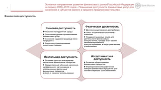 3
Ценовая доступность
 Развитие конкурентной среды
 Повышение уровня проникновения
финансовых услуг
 Снижение издержек продавца и/или
посредника
 Налоговое стимулирование
инвестиций граждан
Физическая доступность
 Дигитализация каналов дистрибуции
 Отказ от физического контакта с
клиентом
 Создание правовых основ для
деятельности финансовых
консультантов, прежде всего систем
автоматизированного
консультирования, и индустрии мелких
управляющих
Ментальная доступность
 Создание простых альтернатив
различным финансовым продуктам
 Осуществление обучения населения,
направленного на понимание и
использование различных
финансовых продуктов
и услуг, а также их использование
Ассортиментная
доступность
 Развитие общей линейки
финансовых продуктов
 Формирование специфических
наборов финансовых продуктов для
соответствующих групп населения
Финансовая доступность
Основные направления развития финансового рынка Российской Федерации
на период 2016–2018 годов - Повышение доступности финансовых услуг для
населения и субъектов малого и среднего предпринимательства
 