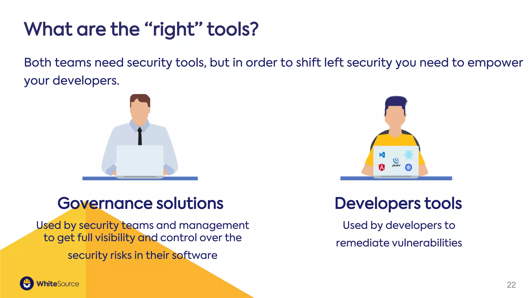 22
Both teams need security tools, but in order to shift left security you need to empower
your developers.
What are the “right” tools?
Governance solutions Developers tools
Used by security teams and management
to get full visibility and control over the
security risks in their software
Used by developers to
remediate vulnerabilities
 