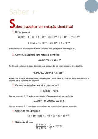 Saber +
Sabes trabalhar em notação científica?
1. Decomposição
25,387 = 2 × 101
+ 5 × 100
+ 3 × 10−1
+ 8 × 10−2
+ 7 × 10−3
0,0357 = 3 × 10−2
+ 5 × 10−3
+ 7 × 10−4
O algarismo das unidades corresponde sempre à multiplicação do mesmo por 100
.
2. Conversão Decimal para notação científica
108 000 000 = 1,08x108
Neste caso contamos as casas decimais para a esquerda, por isso o expoente será positivo.
0, 000 000 000 023 = 2,3x10-11
Neste caso as casas decimais serão contadas para a direita até ao local que desejamos colocar a
vírgula, daí o expoente ser negativo.
3. Conversão notação científica para decimal
4, 878x103
= 4878
Como o expoente é +3, serão acrescentadas três casas decimais para a direita.
6,5x10-11
= 0, 000 000 000 06 5
Como o expoente é -11, serão acrescentadas onze casas decimais para a esquerda.
4. Operação multiplicação
(𝑎 × 10 𝑥) × (𝑏 × 10 𝑦) = (𝑎 × 𝑏) × 10(𝑎+𝑏)
5. Operação divisão
(𝑎 × 10 𝑥
)
(𝑏 × 10 𝑦)
= (
𝑎
𝑏
) × 10(𝑥−𝑦)
 