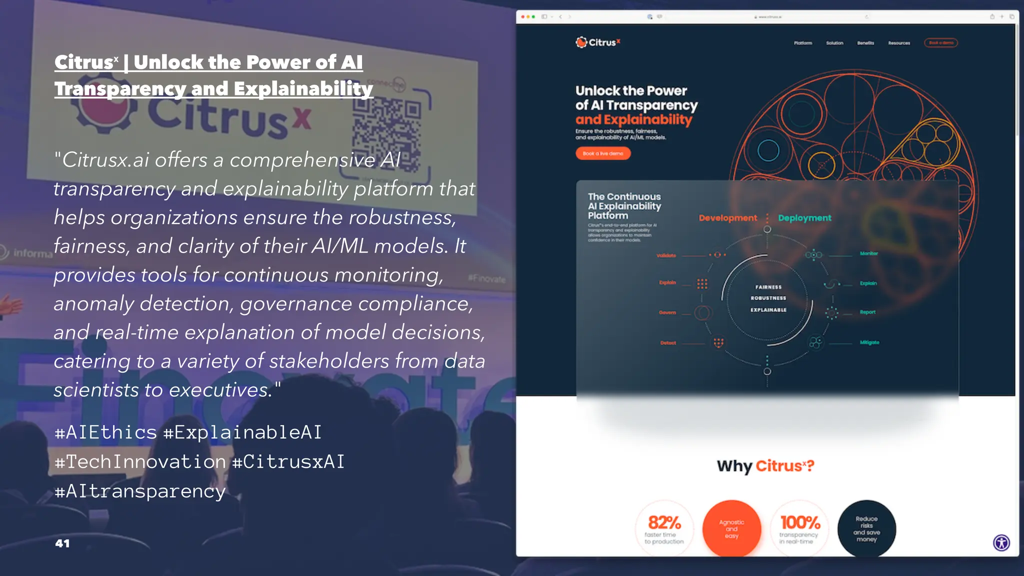 Citrusˣ | Unlock the Power of AI
Transparency and Explainability
"Citrusx.ai offers a comprehensive AI
transparency and explainability platform that
helps organizations ensure the robustness,
fairness, and clarity of their AI/ML models. It
provides tools for continuous monitoring,
anomaly detection, governance compliance,
and real-time explanation of model decisions,
catering to a variety of stakeholders from data
scientists to executives."
#AIEthics #ExplainableAI
#TechInnovation #CitrusxAI
#AItransparency
41
 