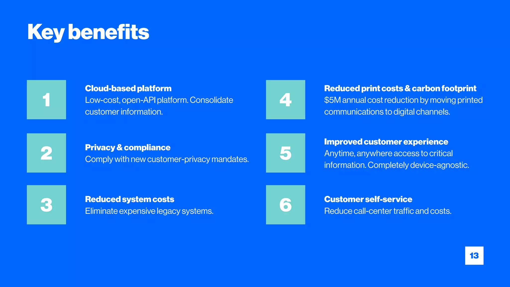Keybenefits
13
1
2
3
4
5
6
Cloud-basedplatform
Low-cost, open-API platform. Consolidate
customer information.
Privacy&compliance
Comply with new customer-privacy mandates.
Reducedsystem costs
Eliminate expensive legacy systems.
Reducedprintcosts&carbon footprint
$5M annual cost reduction by moving printed
communications to digital channels.
Improvedcustomerexperience
Anytime, anywhere access to critical
information. Completely device-agnostic.
Customerself-service
Reduce call-center traffic and costs.
 