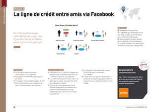 #FINOVATION 201420
FINOVATION
2014
PUDDLE
La ligne de crédit entre amis via Facebook
Puddle permet à ses
utilisateurs de créer une
ligne de crédit entre les
participants du groupe.
PRINCIPES
Un groupe d’amis constituant
une « ﬂaque », une cagnotte
Acceptation mutuelle des participants
à Puddle
Un rapport emprunt/participation de 10/1
Un remboursement sur la cagnotte et
donc une alimentation permanente
PARCOURS CLIENT
L’utilisateur se connecte à la plateforme
par Facebook et invite les amis avec qui
il souhaite constituer une cagnotte
Les amis invités peuvent alors choisir de
participer et cotiser à la cagnotte selon
leur capacité et volonté
Chacun des participants peut à tout
moment emprunter une somme de la
cagnotte constituée selon un taux
d’intérêt ﬁxé aux alentours de 4 % par
la plateforme
Un utilisateur peut emprunter jusqu’à
10 fois sa propre contribution
à la cagnotte
L’emprunteur du groupe rembourse au
travers de la cagnotte qui grossit donc à
chaque fois qu’un des participants en fait
l’usage
BÉNÉFICES
+ Puddle permet de former
des cagnottes qui grossissent au fur
et à mesure que les contributeurs
empruntent et remboursent
+ Le concept de remboursement
par la cagnotte permet également
de la répartir lorsque les participants
souhaitent cesser leur collaboration
EN QUOI EST-CE
UNE INNOVATION ?
La création d’une cagnotte entre
proches, permettant de ﬁnancer
les projets des participants,
contre rémunération.
PEERTOPEERFINANCE
 