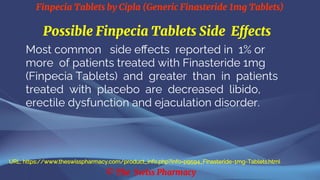 Finpecia Tablets by Cipla (Generic Finasteride 1mg Tablets)
© The Swiss Pharmacy
Possible Finpecia Tablets Side Effects
Most common side effects reported in 1% or
more of patients treated with Finasteride 1mg
(Finpecia Tablets) and greater than in patients
treated with placebo are decreased libido,
erectile dysfunction and ejaculation disorder.
URL: https://www.theswisspharmacy.com/product_info.php?info=p9594_Finasteride-1mg-Tablets.html
 